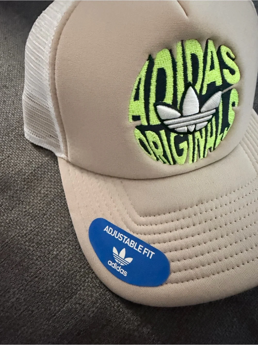 adidas Kids Beige Trucker Hat with Neon Green Patch